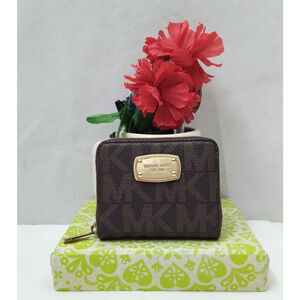 Michael Kors Brown Leather MK Printed Zip Around Credit Card Square Wallet